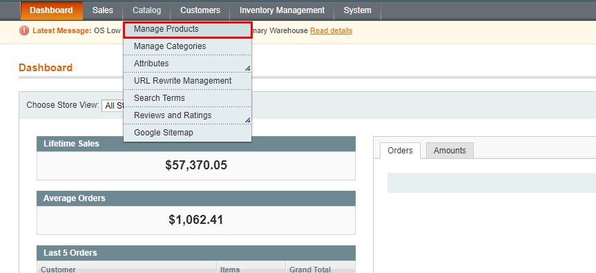 Choose Manage Products under Catalog