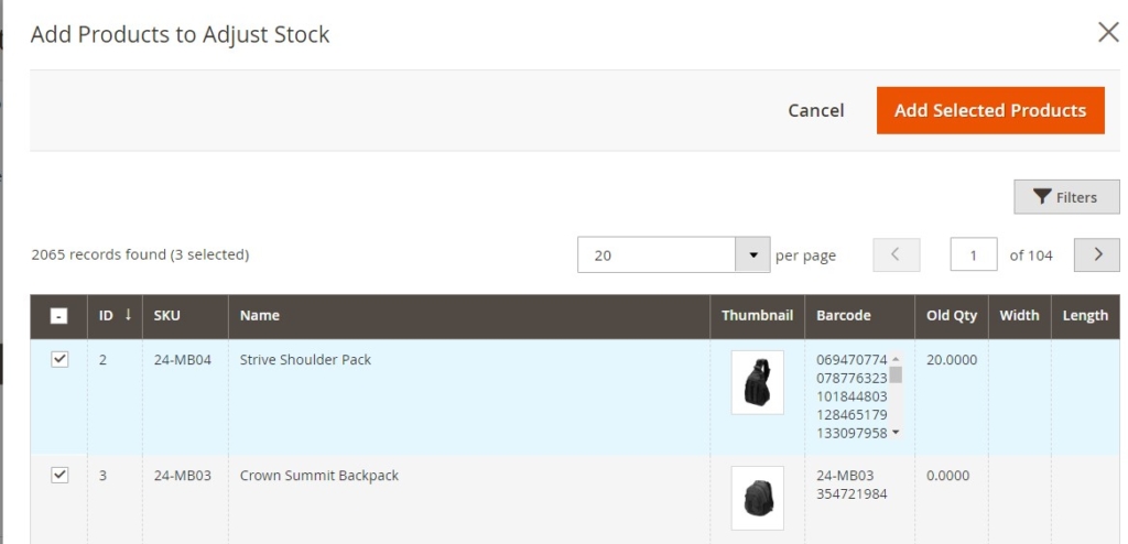 Magestore Adjust Stock feature for Magento 2.3 - select product from list