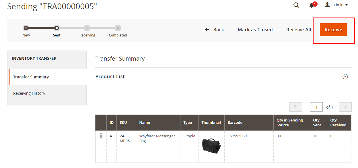 Inventory transfer-  Receive items partially Magento MSI by Magestore 