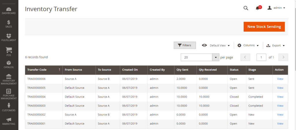 Inventory transfer history in Magento MSI by Magestore 