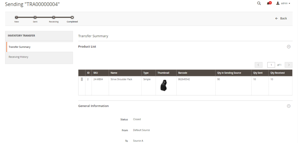 Inventory transfer summary in Magento MSI by Magestore 