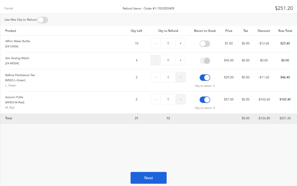 An example of in-store product refund on Magestore POS