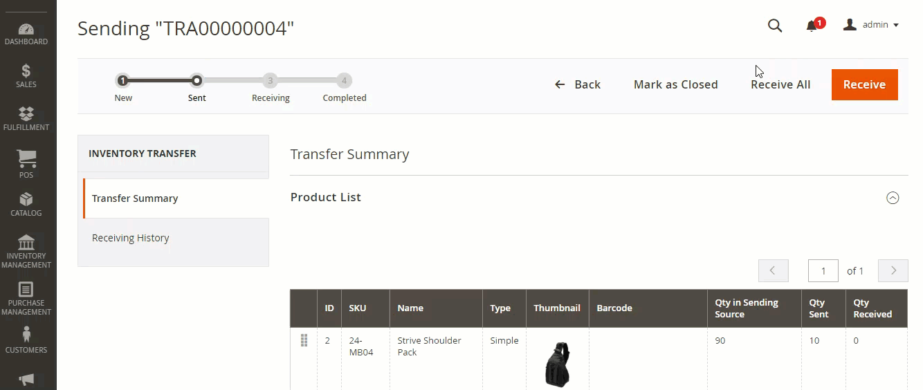 Inventory transfer-  Receive all items in Magento MSI by Magestore 