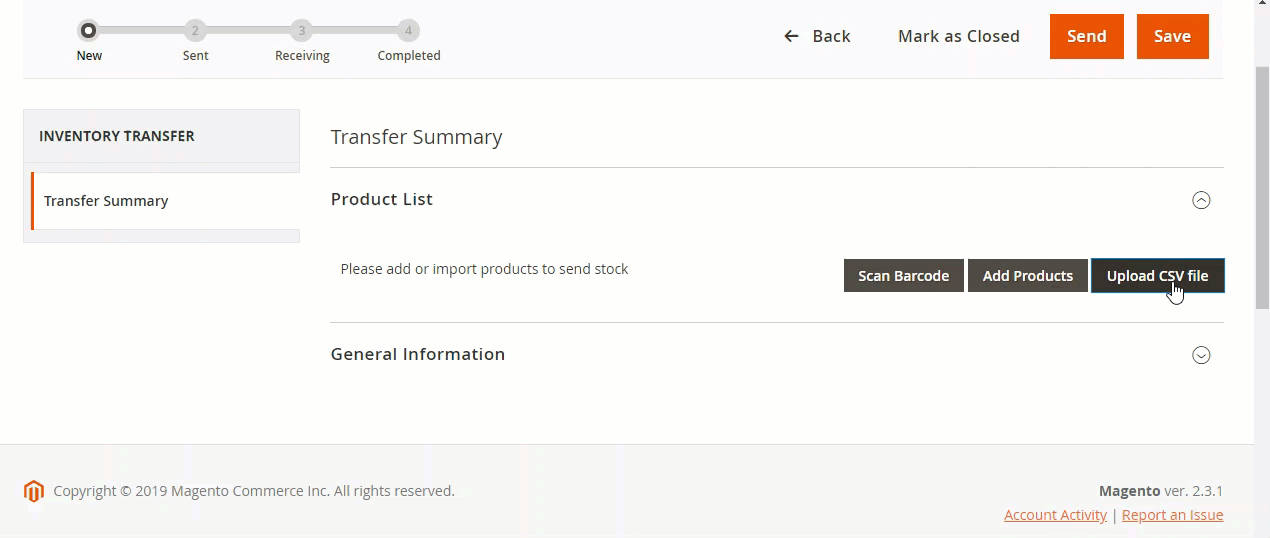 Inventory transfer-  Upload product list's CSV file to transfer in Magento MSI by Magestore 