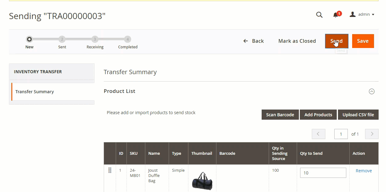 Inventory transfer-  Confirm to send items in Magento MSI by Magestore 