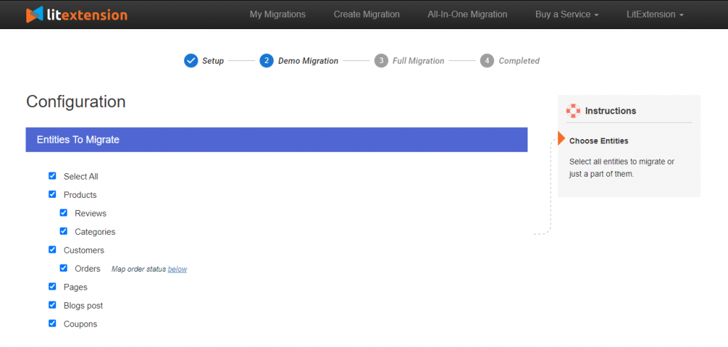 Select entities to migrate Shopify to Magento