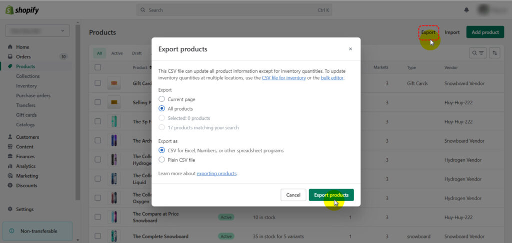 Shopify export products