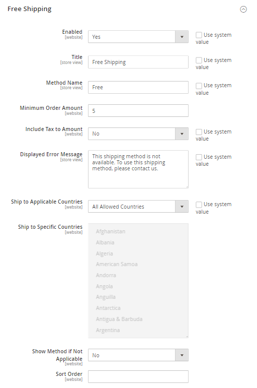 free shipping configuration in magento